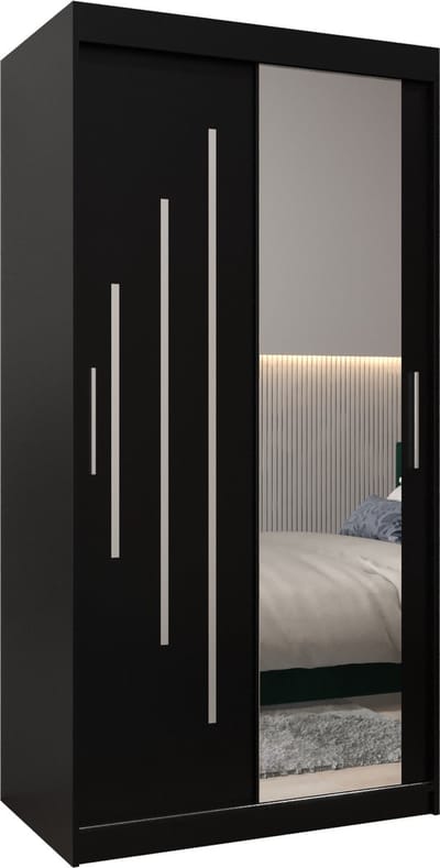 InspireMe - Kledingkast met 2 schuifdeuren, Modern-stijl, Een kledingkast met planken en een spiegel (BxHxD): 100x200x62 - MALTESE II 100 Zwart Mat