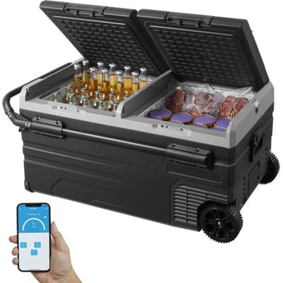VEVOR Autokoelkast, 12-volt autokoelkast, draagbare 95-liter dual-zone vriezer met wielen en handvat, -20°C tot 20°C, 12/24V DC en 100-240V AC, compressor koeler voor buitengebruik, kamperen