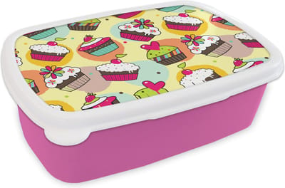 Broodtrommel Roze - Lunchbox - Brooddoos - Meisjes - Cupcake - Patronen - Girl - Kids - Kinderen - Kindje - 18x12x6 cm - Kinderen - Meisje