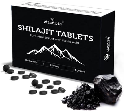 Vitadote Pure Shilajit Tabletten 24.000mg - 120 Vegan Mumijo Capsules - Altai Bron Shilajit Resin - Rijk aan 85+ Mineralen - Praktische Dosering - 200mg per Capsule