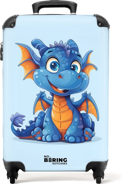 NoBoringSuitcases.com - Kinderkoffer - Portret van een jong, blauw-oranje draakje - Past binnen 55x40x20 cm en 55x35x25 cm - Handbagage - Trolley op wieltjes - Reiskoffer met wielen - Rolkoffer - Kindertrolley jongen - Koffer kinderen