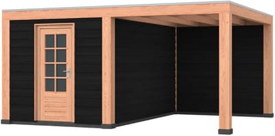 Douglas overkapping, 500 x 400, met zwarte schuur en achterwand, Westwood Modern Plus