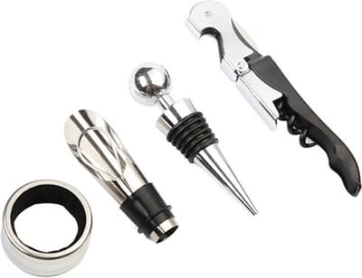 Wijnopener Accesoires set - Kurkentrekker - Druppelvanger - Stopper - Wijnschenker -Luxe doos Zwart