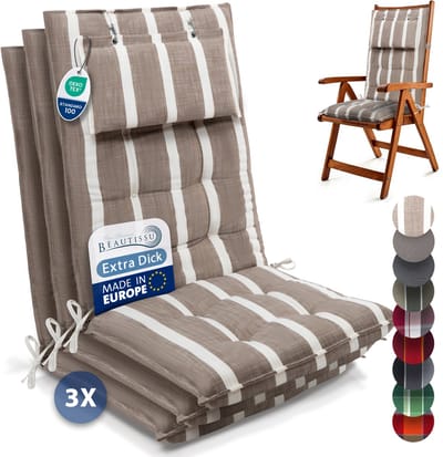 Beautissu Sun-HL - Set van 3 Premium Hoge Rugleuning Kussen met Hoofdkussen 120x50 cm – UV-bestendig & 8cm Dik Kussen Tuinstoelkussen Antislip Bevestigingsbanden – Stevige Stof Beige wit gestreept