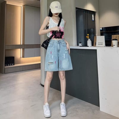 Short en jean déchiré taille haute pour femme, idéal pour l'été. Coupe slim moderne, imprimé graffiti, couleur huile, confortable, jambes larges, longueur 5 points. XXL gray