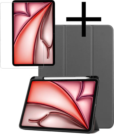 Hoes - Geschikt voor Apple iPad Air (2024/2025/2026) - 11 inch - Met Screenprotector - Trifold Bookcase - Hard Cover Case - Met Uitsparing Geschikt voor Apple Pencil - Hardcover Book - Tablet Hoesje - Grijs
