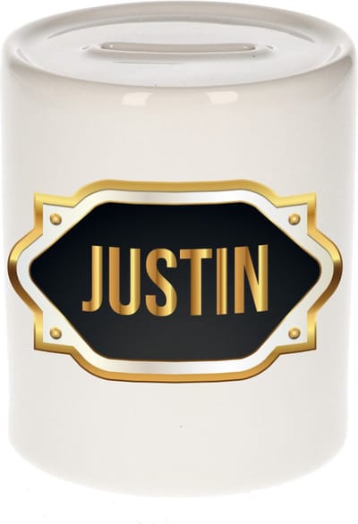 Spaarpot met voornaam Justin - wit - met goud/zwart embleem - 8 x 9 cm - keramiek - met afsluitdop - cadeau verjaardag