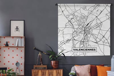 Wandkleed - Wanddoek - Kaart - Plattegrond - Frankrijk - Stadskaart - Valenciennes - Zwart wit - 120x120 cm - Wandtapijt