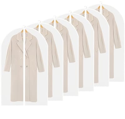 carmdering - Set van 6 transparante, waterdichte en stofwerende kledinghoezen — Stofhoezen voor kleding — Hangende kledinghoezen voor in de kast — Wasbare, doorzichtige kledinghoezen met ritssluiting — Geschikt voor lange jurken, pakken - 60x120 cm