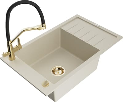 Mexen Elias granieten spoelbak 1-komerig met afdruipblad en keukenmengkraan Duo, beige - 6511-69-671701-57-G