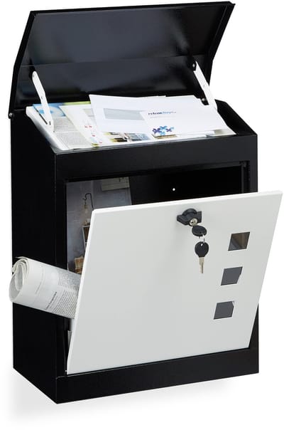 brievenbus muur - staal - met slot - 53 x 43,5 x 26 cm - groot - zwart-wit