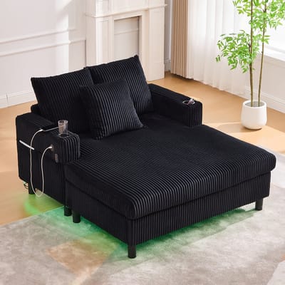 Chaise longue fauteuil - voor woonkamer, slaapkamer en serre - 1-persoons - crème - LED-sfeerverlichting en USB-poorten - drankhouders in armleuning - ergonomisch, tot 350 kg