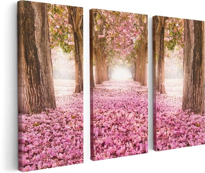 Artaza Canvas Schilderij Drieluik Romantische Bomen Tunnel Met Roze Anjers - 120x80 cm - Wanddecoratie Woonkamer - Schilderijen - Muurdecoratie