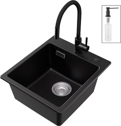 CECIPA max Spoelbak Keuken 40x45cm - Spoelbakken Met Keukenkraan en Zeepdispenser - Spoelbak Graniet - Enkele Spoelbak - Spoelbakken Keuken Opbouw - 80% Kwarts Zand Keuken Spoelbak - Zwart