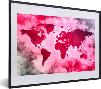 Poster in lijst - Fotolijst 60x40 cm - Posters - Wereldkaart - Rood - Zwart - Posterlijst zwart - Decoratie - Wanddecoratie woonkamer - Muurdecoratie slaapkamer