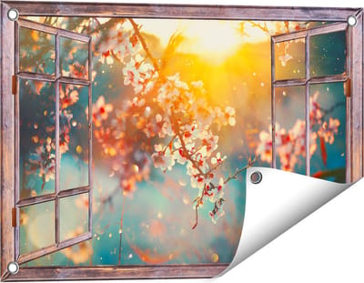 Gards Tuinposter Doorkijk Bloesemboom tijdens Zonsondergang - Bloem - 60x40 cm - Tuindoek - Tuindecoratie - Wanddecoratie buiten - Tuinschilderij