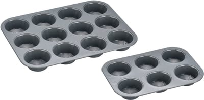Swiss Haus® MFN12S Muffin Bakvorm Set – 2 Delige Cupcake Vormpjes Set – PFAS Vrij – Sapphire™ Keramische Antiaanbaklaag – Muffinvorm voor 6 & 12 Cupcakes – Oven- en Vaatwasserbestendig - Grijs