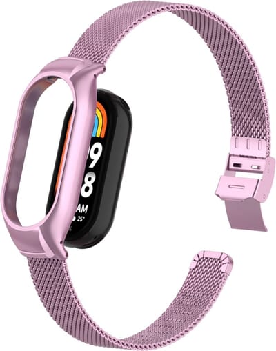 By Qubix - Milanese bandje met case - Roze - Geschikt voor Xiaomi Smart Band 8 / 9 / 10