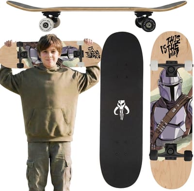STAR WARS Mandalorian Houten skateboard voor jongeren, 79 cm, groot antislipdeck, stabiel tot 100 kg