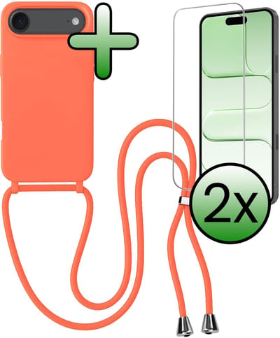 Hoes Geschikt voor iPhone Air Hoesje Met Koord Met 2x Screenprotector - Telefoonhoesje Geschikt voor iPhone Air Backcover Met Afneembaar Koord - Papaya