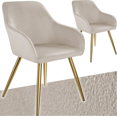 tectake® Eetkamerstoel Marilyn - Set van 2 - Met Armleuningen - Elegante Stoel met Gevoerde Zitting in Fluweellook - Gestoffeerd - Gouden metalen poten - Ergonomische Keukenstoel - Stoel voor Woonkamer, Eetkamer en Slaapkamer - Taupe