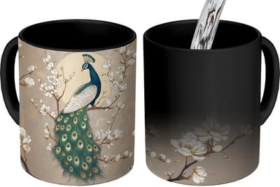 Magische Mok - Foto op Warmte Mokken - Koffiemok - Pauw - Tak - Bloemen - Magic Mok - Beker - 350 ML - Theemok