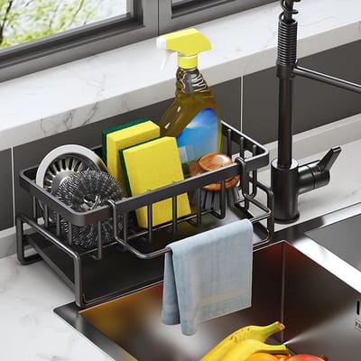 Afwasrek - Keukenopberg- en organisatierek - Afwasrek - Keukenaccessoires - Afwasrek voor sponzen, geschikt voor opbergen en afdruipen in de keuken, zwart.
