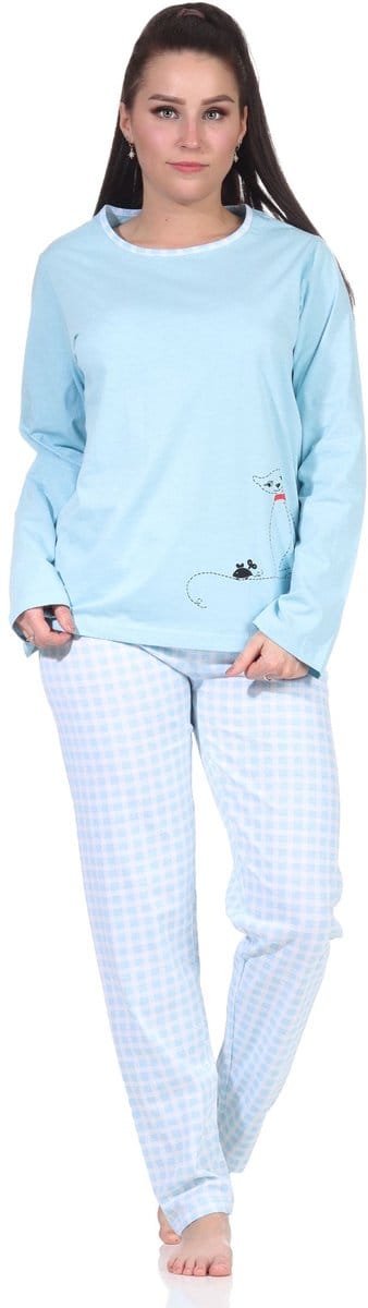 Damespyjama met lange mouwen en schattig katmotief en geruite jersey broek
