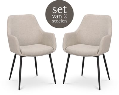 Rowico Home Reily Eetkamerstoel Beige - Met Armleuning - Stof - Zwarte Poten - Armstoel - Set van 2 Eetkamerstoelen