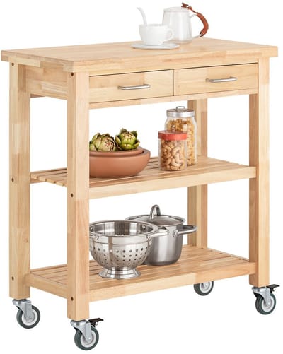 SoBuy FKW24-II-N Keukentrolley op Wielen van Rubberwood – Opslagwagen met 2 Laden en 2 Planken – Verrijdbare Serveerwagen – 80x40x90 cm