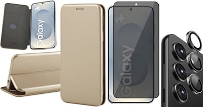 Hoesje geschikt voor Samsung Galaxy S25 - Privacy Screenprotector Volledig Dekkend Glas & Camera - Wallet Book Case Goud