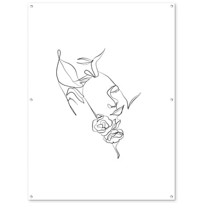 Tuinposter 120x160 cm - Tuindecoratie Abstracte line art van een koppel en rozen op een witte achtergrond - Poster voor in de tuin - Buiten decoratie - Schutting tuinschilderij - Tuindoek muurdecoratie - Wanddecoratie balkondoek