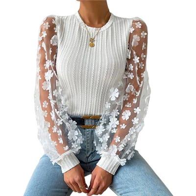 Dames Shirt Doorschijnend Mesh Bloem Appliqué Ronde Hals Lange Mouw Effen Kleur Pullover Zacht Patchwork Twist Textuur OL Pendel XL wit