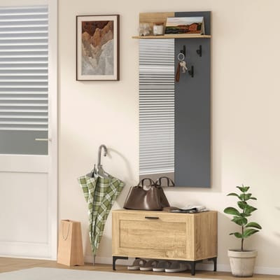 Wishdor - Garderobeset - Spiegel En Schoenenbank - Modern - Voor De Hal - MDF - Houtkleur En Grijs
