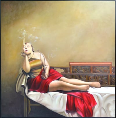 Fine Asianliving Olieverf Schilderij 100% Handgeschilderd Zwarte Omlijsting 100x100cm Chinese Vrouw met Sigaar Rood