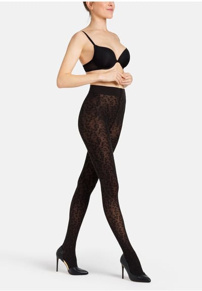 camano, Fijne panty, 50 den, ondoorzichtig, fijn luipaardpatroon, luipaardprint, patroon, luipaard, slijtvast, duurzaam, verstevigd, aangenaam, comfortabel, platte naden, comfortabele tailleband zonder druk van elastiek.