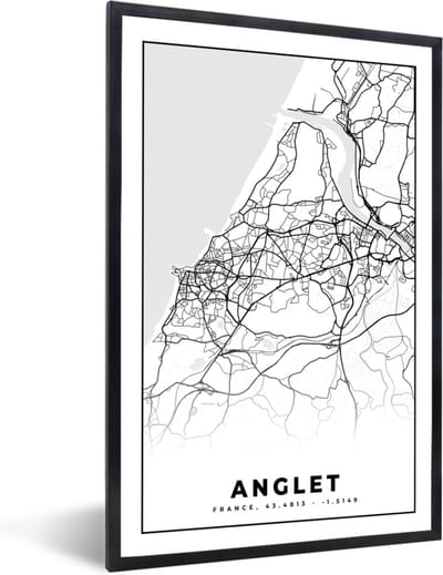 Fotolijst incl. Poster Zwart Wit- Anglet - Stadskaart – Plattegrond – Kaart – Frankrijk - Zwart wit - 40x60 cm - Posterlijst