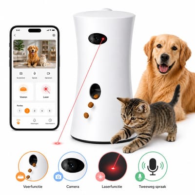 HOB Smart Huisdiercamera - 360 ° - Beveiligingscamera - Voeder en Trakatatie Functie - Binnencamera - Interactief - App - Wifi