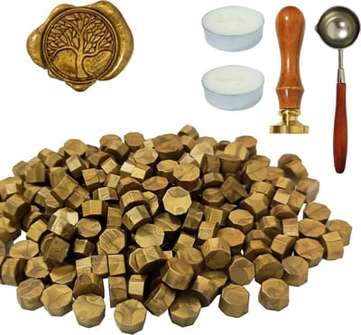 Waxzegelstempelset, 200 stuks zegelwas met 1 levensboom zegelstempel, 1 smeltlepel, 2 theelichtjes, voor vintage zegellak en brieven, uitnodigingen, pakket cadeau