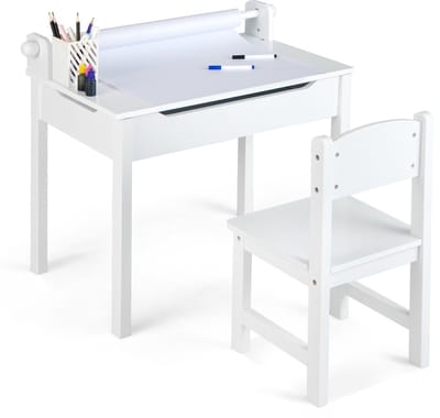 COSTWAY Kinderbureau met stoel, kindertafel met inklapbaar tafelblad, jeugdbureau met papierrolhouder en markeerstiften, schoolbureau voor kinderen vanaf 3 jaar (wit)