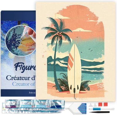 Figured'Art Diamond Painting set Volwassenen 40x50 cm met lijst Surfplank op het strand - 5D DIY Art full drill vierkante diamant - Canvas al ingelijst
