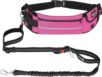 Hands-free Dog Leash with Pocket Soft Padding Fanny Pack Double Padded Handles and Durable Bungee for Hiking Jogging Cycling and Running (up to 220 lbs) (Pink)