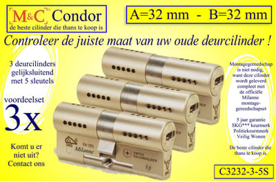 M&C Condor - High Security deurcilinder - SKG*** - 3 STUKS GELIJKSLUITEND  - 32x32 mm - met 5 sleutels - Politiekeurmerk Veilig Wonen  -  inclusief gereedschap montageset