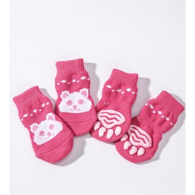 4 stuks Schattige Sokken voor Huisdieren, Sokken voor Hondenschoenen, Beschermers voor Kattenpoten, Anti-Kras Meubels, Warm voor Herfst/Winter, Buiten Draagbaar, Antislip & Ademend S roze