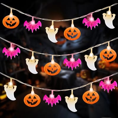 Lichtsnoer - Halloween decoratie - Halloween Lichtjes Slinger - Batterijgevoed - 3 Figuren (Vleermuis, Spook & Pompoen) - Warmwit 3000K - IP44 - 4,5 m 30 LED Lampjes