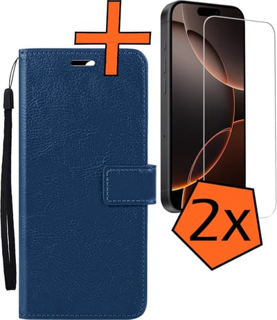 Hoes - Met 2x Screenprotector - Geschikt voor Apple iPhone 16 Pro - Luxe Pasjeshouder - Bookcase Portemonee - Flip Case - Kunstleer Book Case - Flipcase Hoes - Book Cover - Walletcase - PortemonneeHoes - Donkerblauw