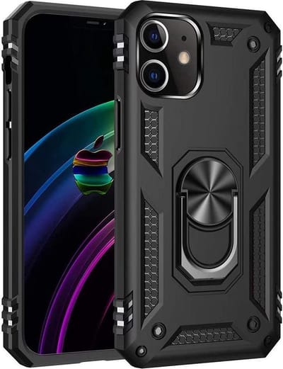 HB Hoesje Geschikt voor Apple iPhone 12 Mini - Zwart - Anti-Shock Hybrid Armor Back Cover - Hoes met Kickstand Ring