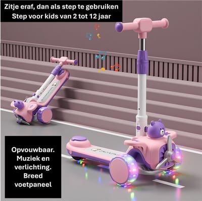2-in-1 Kinderstep met Schattig Berenontwerp & Windmolen – Zithulp + Stepfunctie voor 2-12 Jaar – Opvouwbaar met PU Wielen, Ouderstuur, en Antikantelontwerp – In Roze