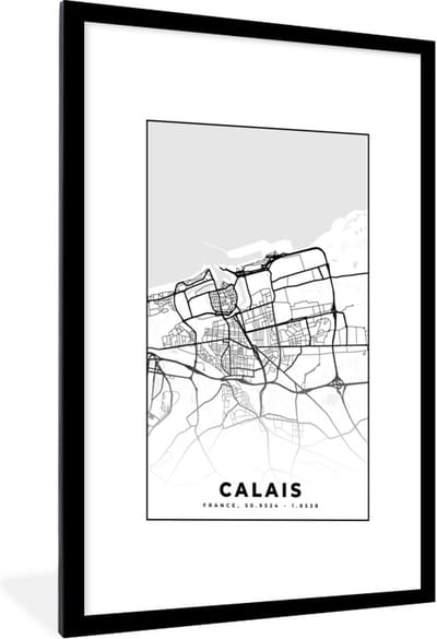 Fotolijst incl. Poster Zwart Wit- Stadskaart - Frankrijk - Calais - Kaart - Plattegrond - Zwart wit - 60x90 cm - Posterlijst