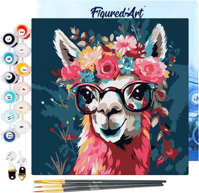 Figured'Art Mini Schilderen op Nummer Volwassenen 20x20cm met lijst Modieuze lama met bloemen - Klein Formaat Creatieve Hobby Kit DIY Art Nummer Compleet